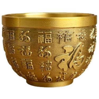 Imagem de Chiorgone Xícara de boa sorte chinesa de latão maciço de cem fu - xícara de chá decorativa em relevo dourado - Tigela de oferta dourada Feng Shui para boa sorte e harmonia