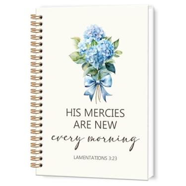 Imagem de TWRVI Caderno espiral cristão de hortênsia azul, diário religioso pautado por faculdade para material de escritório escolar, Cadernos de diário bíblico His Mercies Are New Every Morning 14 x 21 cm