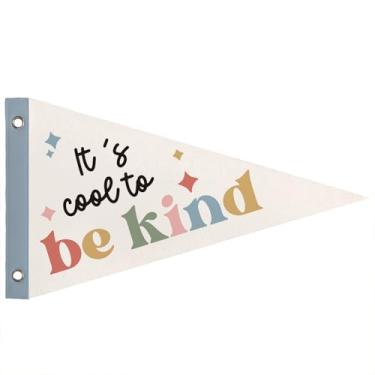 Imagem de WXHUM Decoração de sala de jogos infantil para berçário, bandeiras de bandeira de flâmula It's Cool To Be Kind, decoração de arte de parede de leitura preppy azul para quarto de crianças, berçário