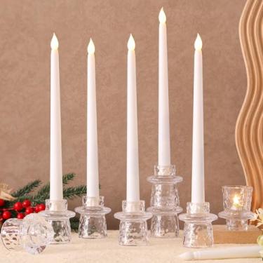 Imagem de 12 suportes de castiçal de vidro com 12 peças de velas cônicas sem chama, castiçais cônicos de vidro, castiçais cônicos para o Natal, Ação de Graças, decorações de casa