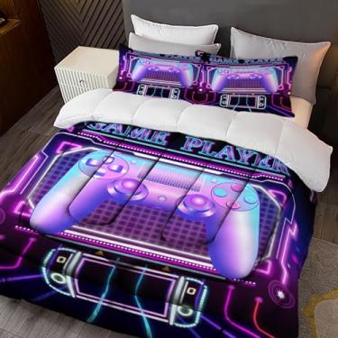 Imagem de Sunnycitron Jogo de cama com estampa de gamepad roxo para meninos e adolescentes, decoração de quarto solteiro (1 edredom + 2 fronhas)