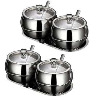 Imagem de Conjunto de 2 peças de açucareiro de aço inoxidável, bandeja de condimentos, colheres, com tampas, (altura) 7,1 cm / 7,2 cm, prata, recipiente de açúcar, pote de temperos para cozinha, casa