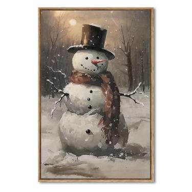Imagem de AIMAILON Decoração de parede de boneco de neve de Natal em tela emoldurada vintage - Arte de parede de boneco de neve feliz ao anoitecer, estampas de parede de boneco de neve de Papai Noel fofo