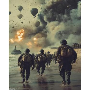 Imagem de XTXGERL Kit de pintura por números de ataque à Normandia da Guerra Mundial para adultos, pintura estética moderna por número em tela, kits de pintura a óleo digital de arte abstrata adequados para