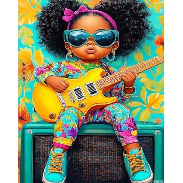 Imagem de VNUIEHG Kits de pintura de guitarra elétrica para mulheres pequenas por números 40,6 x 50,8 cm, pintura a óleo faça você mesmo para adultos com pincéis e pigmento acrílico, imagem de arte musical de