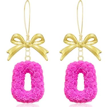 Imagem de unixmoment Brincos femininos de acrílico boêmio com pingente de flor rosa e laço de liga de liga, anel floral com fecho de alavanca, Large, Resina, Sem pedra preciosa