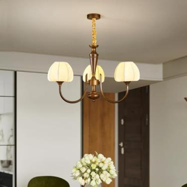 Imagem de Luminária principal retrô com design antigo para quarto, sala de estar, lustre criativo e romântico de madeira e tecido para sala de jantar (3 lâmpadas)