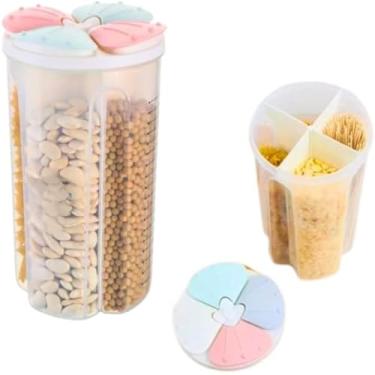 Imagem de Pote de plastico com quatro divisorias para armazenar alimentos, pratico