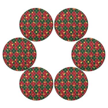 Imagem de Wassud Jogo americano conjunto de 6 tapetes redondos com padrão de diamante verde vermelho para cozinha e jantar tapetes laváveis resistentes ao calor decoração de mesa 39 cm