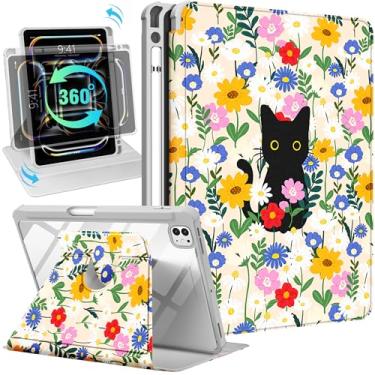 Imagem de Uppuppy Capa inteligente para iPad Pro M4 de 11 polegadas - suporte giratório de 360 graus com suporte para lápis para mulheres, meninas, gatos e flores para iPad Pro de 11 polegadas 2024 M4