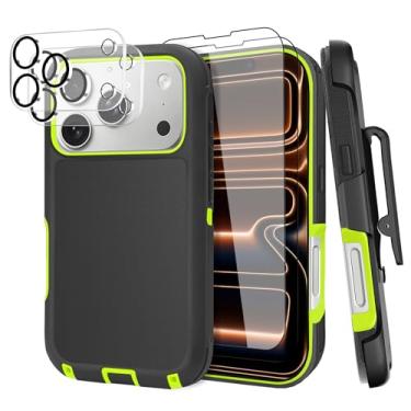 Imagem de Capa para iPhone 17 Pro (6,3 polegadas), com clipe de cinto e 2 protetores de tela + 2 lentes de câmera, resistente e durável, proteção contra quedas à prova de choque de grau militar, com suporte