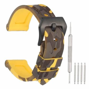 Imagem de HARFINGTON Pulseira de silicone de liberação rápida, de borracha macia, flexível, tipo H, pulseira de substituição com fecho de aço inoxidável, preto/amarelo camuflado, 24mm