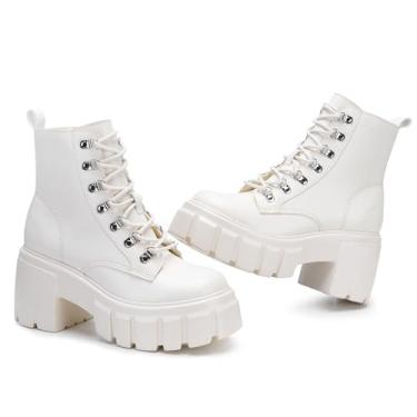 Imagem de FITORY Botas de combate femininas leves com cadarço e zíper lateral no tornozelo, salto alto, plataforma grossa, sola saliente, tamanho 6-11, Bege, 35