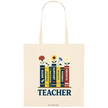 Imagem de Phicorn Sacola de lona para professores, 38 x 40 cm, reutilizável, algodão, espinhas e flores, com texto de professor, presente de agradecimento ao professor