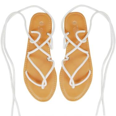 Imagem de Heltid Sandália feminina gladiadora com cadarço e tiras para mulheres, Branco, 35