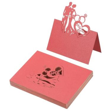 Imagem de PATIKIL 50 peças de cartões de casamento, cartões de nome, papel com glitter, etiquetas de assento dobradas para mesa, buffet, recepção, jantar, festa, vermelho pérola