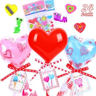 Imagem de Presentes de Dia dos Namorados para crianças em sala de aula – Conjunto de 24 artigos de papelaria em forma de coração com cartões de dia dos namorados, lápis, adesivos, borrachas, dia dos namorados