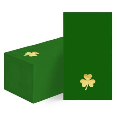 Imagem de Horaldaily 100 guardanapos decorativos de papel descartáveis para convidados do Dia de São Patrício, toalha de mão de trevo de folha dourada para festa, almoço, jantar, cozinha, decoração de banheiro