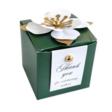 Imagem de MillaSaw 20 caixas de doces verde-escuras, caixas de lembrancinhas de festa brilhantes com decoração floral, etiquetas brancas de agradecimento, embrulho de presente para casamento, aniversário, festa