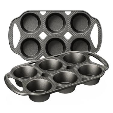 Imagem de HONGBAKE Everline Collection Formas de muffin de ferro fundido, não tóxicas, não revestidas, 6 xícaras, conjunto de formas de cupcake pré-temperadas antiaderentes para assar, seguro para forno e fogão