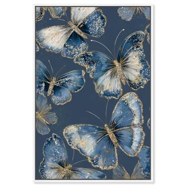 Imagem de Golden Wings I Impressão em tela azul decoração de parede por Art Remedy, moldura branca, 40 x 61 cm