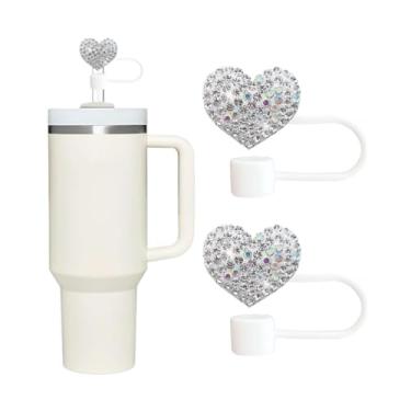 Imagem de 2 peças de tampas de palha de corações brilhantes de prata para copo Stanley, strass de diamante brilhante, topos de silicone de 10 mm, topo de palha compatível com Stanley copo de 30 e 1,134 g com
