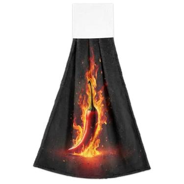 Imagem de Toalhas de mão Red Chili Fire Kitchen com laço para pendurar ultra absorventes conjunto de 2 toalhas de gravata de forno, decoração de banheiro de cozinha fofa 47 x 35 centímetros