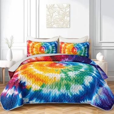 Imagem de AILONEN Conjunto de colcha colorida em espiral tie-dye, tamanho casal, mandala leve, com 2 fronhas, colcha de cama de arte abstrata, 3 peças