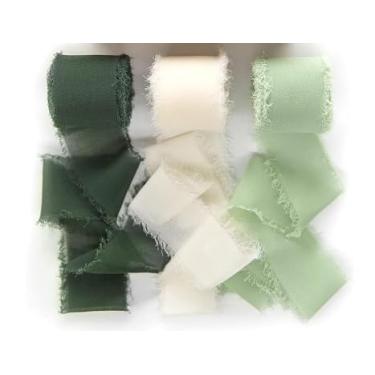 Imagem de 3 rolos de fita de chiffon feita à mão azul empoeirado, 3,8 cm x 16,5 metros de fitas de franjas desgastadas para embrulho de presente, decoração de casamento e artesanato (creme e verde)