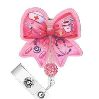 Imagem de AFRITEE Porta-crachá para enfermeira - Carretel de crachá retrátil de laço rosa para acessório de trabalho de enfermagem, crachá de glitter acrílico com clipe de jacaré para mulheres assistentes