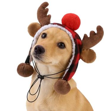 Imagem de PAWCHIE Tiara de chifre de rena de alce de cachorro de Natal, chapéu de fantasia de Natal de cachorro de pelúcia, roupa festiva para animais de estimação, acessórios engraçados para cosplay, decoração