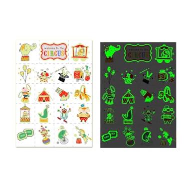 Imagem de 2 folhas de tatuagens temporárias brilhantes, adesivos de tatuagem falsos com tema de circo universal, lembrancinhas de festa, artigos de festa e decorações