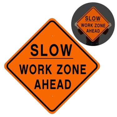 Imagem de MorningRo 61 x 61 cm Sinal de zona de trabalho lento à frente, placas de alumínio para canteiro de obras, para área de perigo, material refletivo, grau de engenheiro, placa de entrada de um lado