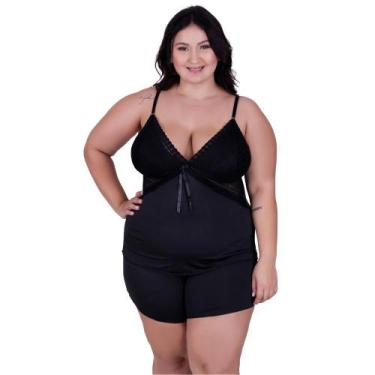 Imagem de Baby Doll Plus Size Detahe de Renda Adulto Feminino Simone, Preto, M
