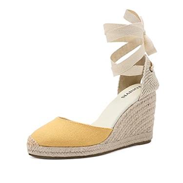 Imagem de Alpargatas femininas plataforma anabela, 7,6 cm, tira macia no tornozelo, bico fechado, sandálias clássicas de verão, Salto amarelo de 9 cm, 9.5