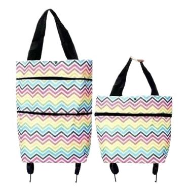 Imagem de Carrinho Dobrável Portátil para Compras com Rodas | Sacola de Feira Leve e Compacta até 10kg(Cor listrada)