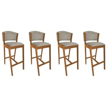 Imagem de Kit 4 Banquetas Altas De Madeira Maciça Ana Em Linho Premium Bege Linho Cerejeira