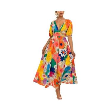 Imagem de Vestido Elegante Com Decote Em V E Estampa Francesa Com Mangas Bufante