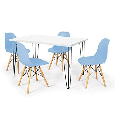 Imagem de Conjunto Mesa de Jantar Hairpin 130x80 Branca com 4 Cadeiras Eames Eiffel - Azul Claro