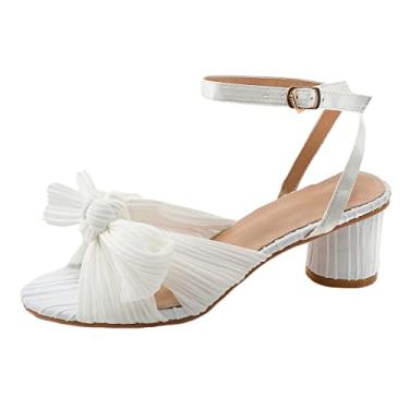 Imagem de Sandálias femininas de salto com tira no tornozelo salto com laço, Branco, 5.5