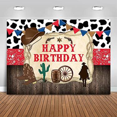 Imagem de Mocsicka Cowboy ocidental feliz aniversário pano de fundo rústico rodeio velho oeste cowboy bandana vermelha e madeira rústica faixa de decoração de festa de aniversário infantil (2,1 x 1,5 m (208 x 152 cm)
