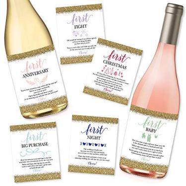 Imagem de 6 marcos de casamento para presente, etiquetas de garrafa de vinho ou adesivos, chá de panela, presente de festa de noivado de despedida de solteira, o melhor registro perfeito para noivas, primeiro para as ideias de cesta de casal recém-casados