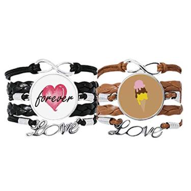 Imagem de DIYthinker Pulseira rosa marrom amarelo doce sorvete pulseira de mão corda de couro Forever Love pulseira conjunto duplo, Não se candidatar