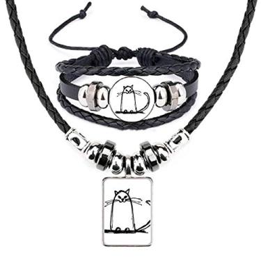 Imagem de Curly Cat Smile Sit Line Art Deco, presente, moda, colar de couro, conjunto de joias