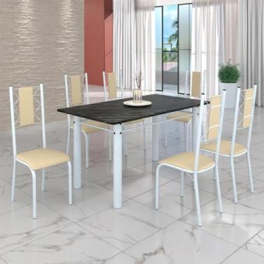 Imagem de Conjunto Sala de Jantar Bahia Mesa Tubo 140x75cm Tampo Pedra Ardósia Indiana com 6 Cadeiras Creme/branco