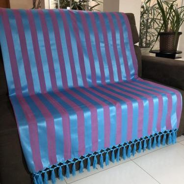 Imagem de Manta Para Sofá Em Tecido Jacquard Listrado Azul Com Rosa 190X140cm -