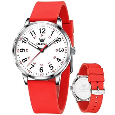 Imagem de OLEVS Relógios femininos de negócios para senhoras, feminino, pulseira de couro marrom, vestido pequeno, analógico, quartzo, relógio de pulso com calendário, data, à prova d'água, presente luminoso, clássico, casual, retrô, pulseira, Relógio vermelho