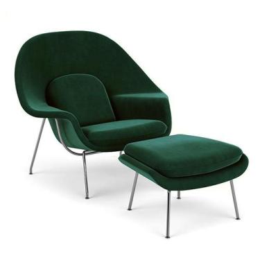 Imagem de Poltrona com Puff Womb Chair Base Inox Veludo - Decorato Móveis, Verde