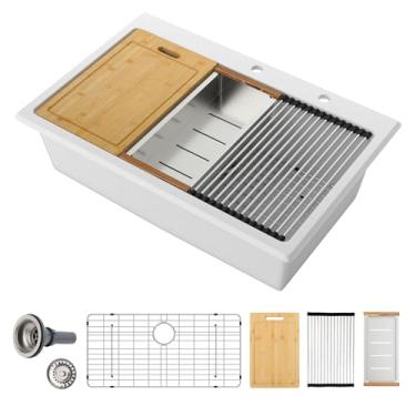 Imagem de Sarlai Pia de cozinha de granito composto de 83 cm - pia de cozinha branca de 83 x 55 cm, pias de granito montadas na parte superior, lavatório de quartzo branco clássico acima do balcão, tigela única