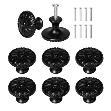 Imagem de Puxadores de gaveta de armário em forma de flor vintage, 8 peças de puxadores de gaveta pretos foscos, maçanetas de cômoda margarida, puxadores para armário de cozinha, armário